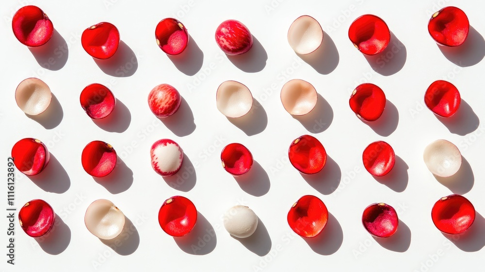 Poster red kidney beans arranged in rows on white background creating a colorful pattern of seeds and shado