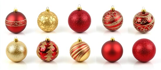 Red and gold Christmas baubles on a white background festive decoration ornaments for holiday celebrations and seasonal themes