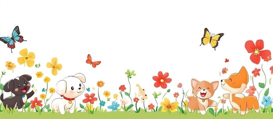 Cute puppies playing in a colorful flower garden with butterflies.
