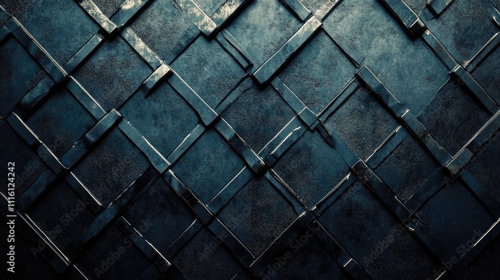 Poster metallic geometric pattern textured background with dark hues and a three-dimensional feel for indus