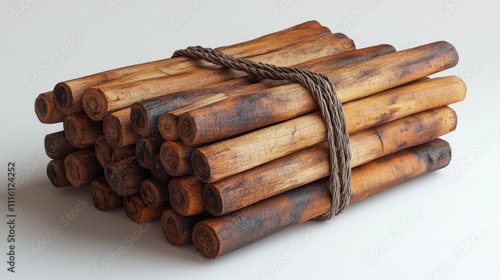 Poster bundled cinnamon sticks tied with twine on a neutral background showcasing their rustic texture and 