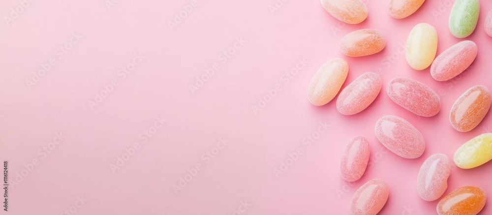 Poster colorful jelly beans arranged on a soft pink background creating a vibrant and playful candy mockup 