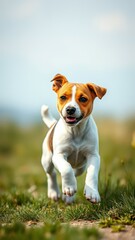 Playful dog runs joyfully through the grass in a sunny outdoor park during daytime