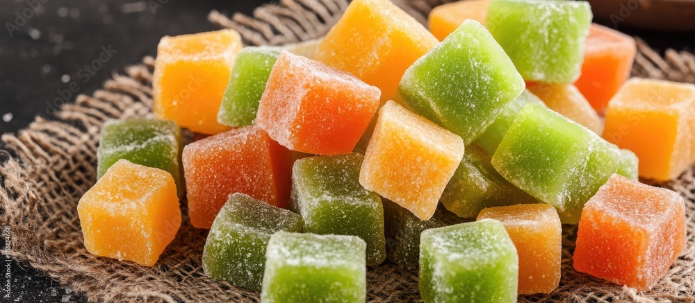 Poster delicious multicolored marmalade cubes arranged on rustic fabric creating an inviting holiday treat 