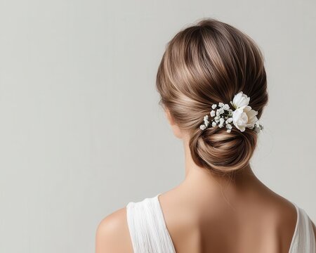 Softly curled low bun with delicate floral accents for a young bride, isolated, hair young bride, charming and feminine - Powered by Adobe