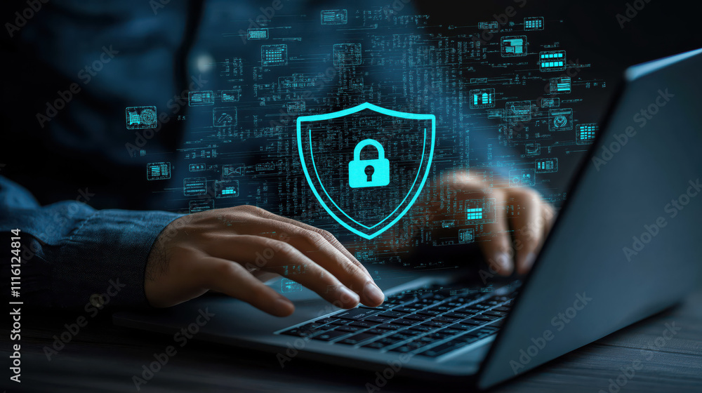Aufkleber secure digital environment with laptop and cybersecurity graphics
