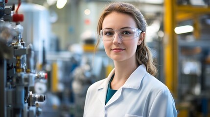 Young female scientist in white lab coat and protective glasses working in modern industrial laboratory environment with technical equipment background