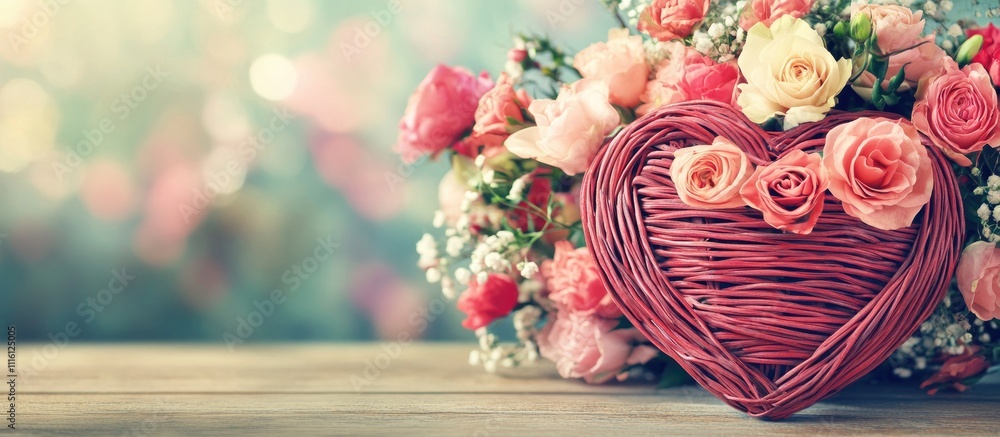 Poster red wicker heart accentuated by a vibrant bouquet of roses creating an elegant space for text in a r