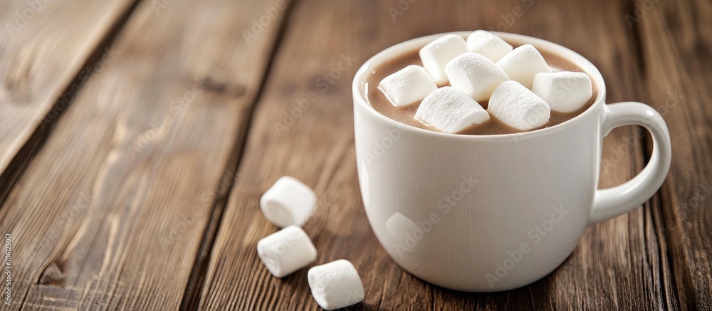 Poster mug of hot cocoa topped with marshmallows on a rustic wooden table with selective focus for a cozy w