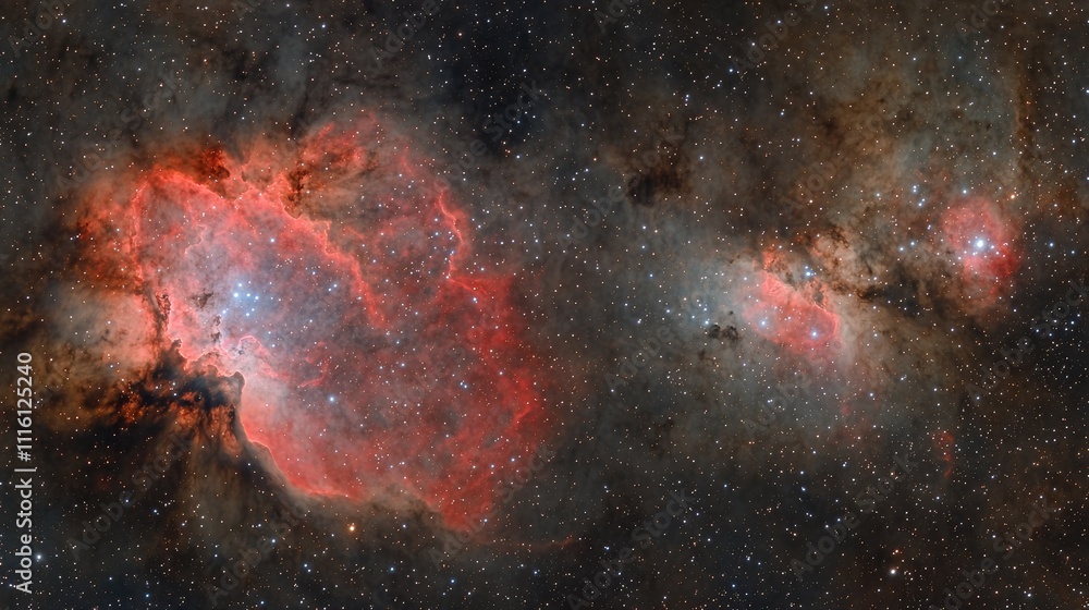 Poster astronomical image of the rosette nebula showcasing vibrant hydrogen clouds and the open cluster ngc