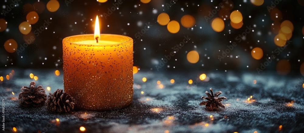 Poster golden candle illuminating a dark background with soft bokeh lights and snowflakes creating a warm a