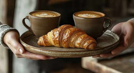 Close-up of hands holding a ceramic plate with a croissant and two cups of cappuccino coffee, against a rustic kitchen background. Food photography, Generative Ai 