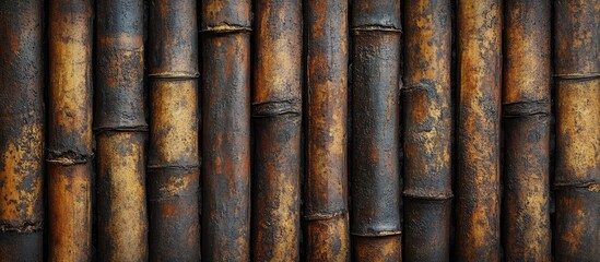 Obraz premium Rustic wooden backdrop of weathered bamboo canes showcasing natural textures and tones for design and decoration projects