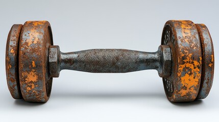 Vintage rusted 16 kg dumbbell isolated on white background showcasing wear and tear of classic fitness equipment.