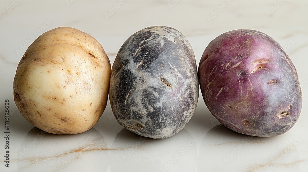 Poster three whole raw potatoes in different colors isolated on a white background showcasing natural textu