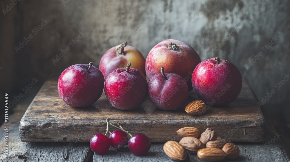 Poster assorted red plums and almonds on a rustic wooden surface with a textured background showcasing natu