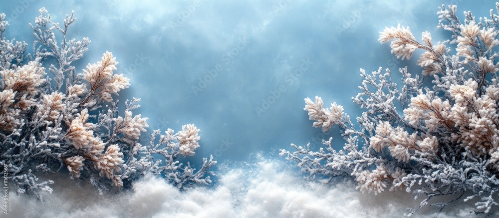 Poster winter wonderland backdrop with frosty branches and artificial snow creating a magical festive atmos