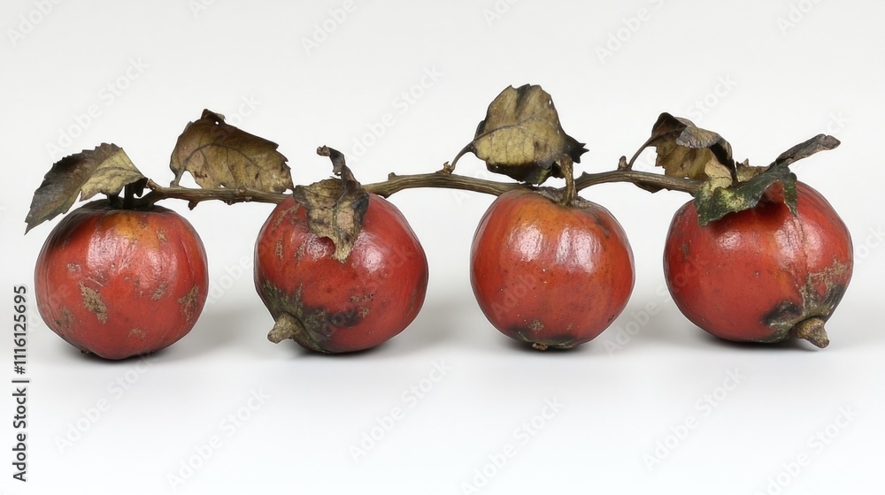 Poster ripe persimmons arranged in a line with leaves on a clean white background showcasing their vibrant 