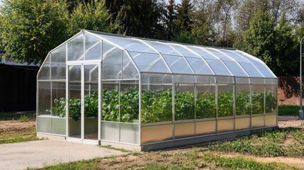 Fototapeta premium Modern greenhouse structure for cultivating tomato plants in rural agricultural settings.