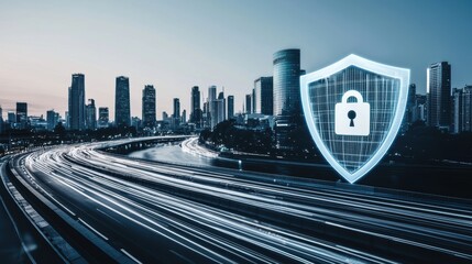 A digital shield with a lock overlaying a cityscape at dusk, symbolizing cybersecurity and protection in an urban environment.