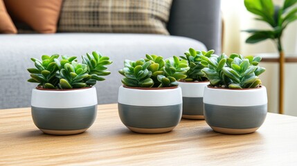 Fototapeta premium Succulent Crassula ovata in ceramic pots enhancing indoor decor and plant care in a modern living room setting with natural light.