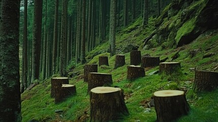 Fototapeta premium Sawn pine wood stumps scattered in a lush green forest with towering trees and moss-covered ground after logging activity.