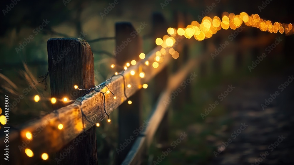 Poster twinkling string lights elegantly hanging on a rustic wooden fence creating a warm and inviting outd