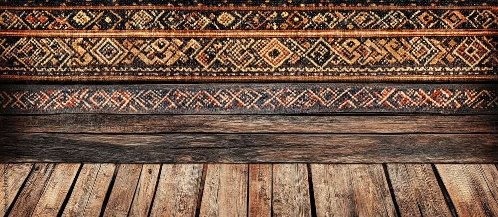 Poster textile inscription displayed on a wooden table and wall showcasing intricate patterns and rich text