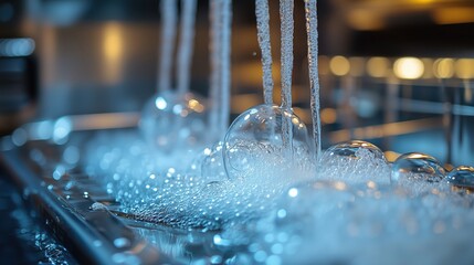 Close-up of water jets creating bubbles in an industrial dishwasher, highlighting the dishwashing process and hygiene in a professional kitchen