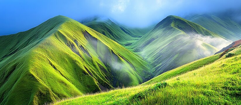 Serene misty mountainscape showcasing lush green slopes and tranquil fog enveloping the landscape under soft natural light.