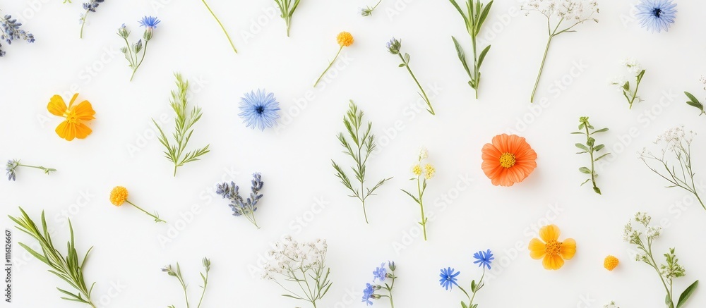Aufkleber delicate flat lay of colorful wildflowers arranged in a circular pattern on a light background showc