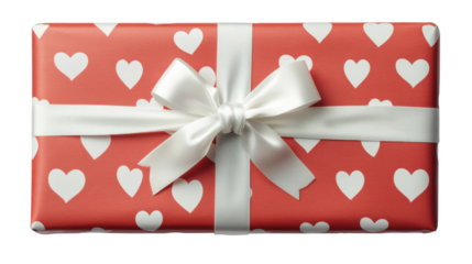 Wrapped gift box with white hearts pattern and white ribbon bow, isolated on transparent background