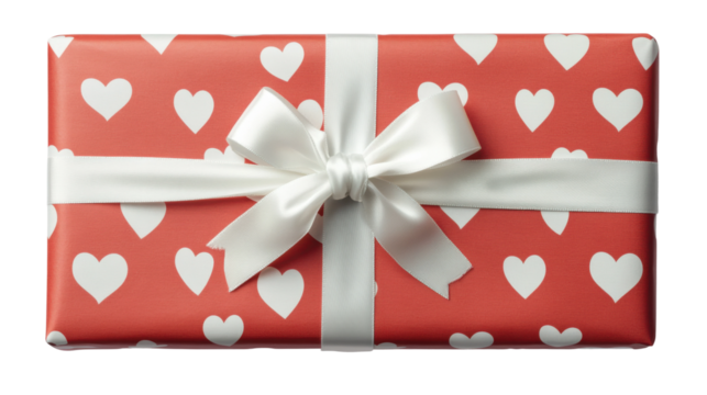 Wrapped gift box with white hearts pattern and white ribbon bow, isolated on transparent background