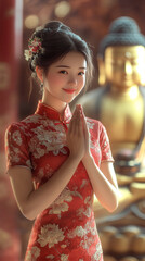 Obraz premium beautiful Chinese girl wearing cheongsam qipao dress china lunar new year spring festive