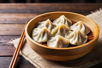 Close-up of Tasty and hot Chinese dumplings in a wooden bowl on a wooden table with copy space.