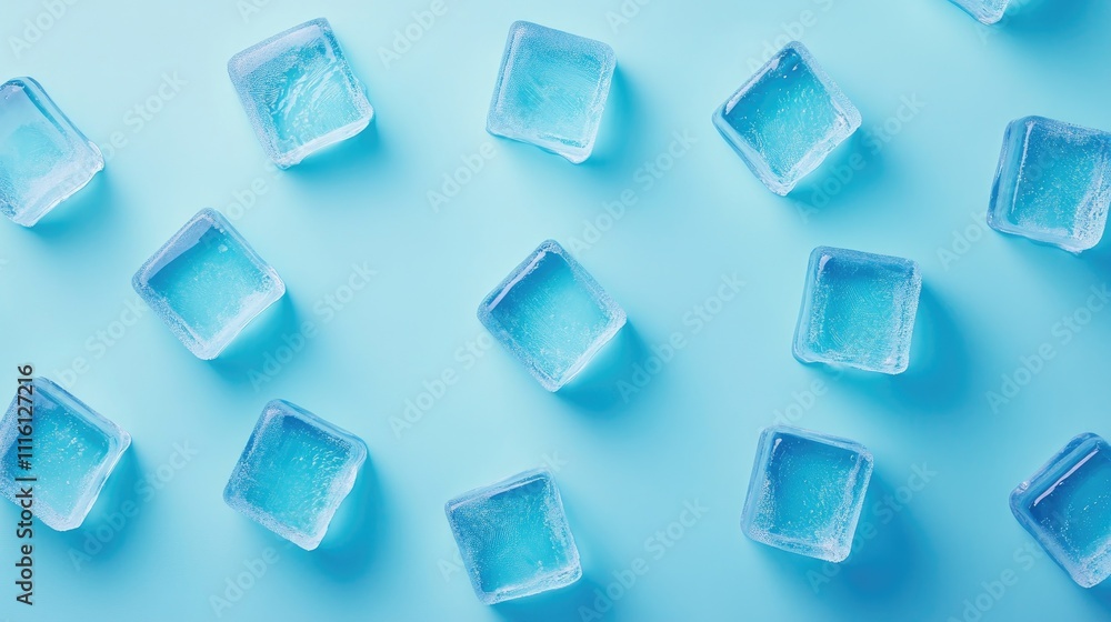 Poster ice cubes scattered on a vibrant blue background creating a refreshing and cool atmosphere for bever