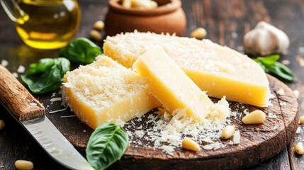Parmesan cheese with knife fresh basil olive oil pine nuts garlic on dark wood backdrop ideal for food and culinary presentations