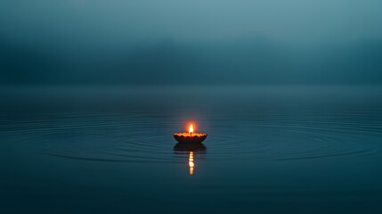 A moody shot of a lone diya floating on a river during Ganga Aarti, with the faint glow reflecting on the water.