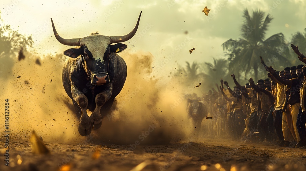 Poster a dynamic capture of a bull racing event during pongal, with dust clouds rising and onlookers cheeri