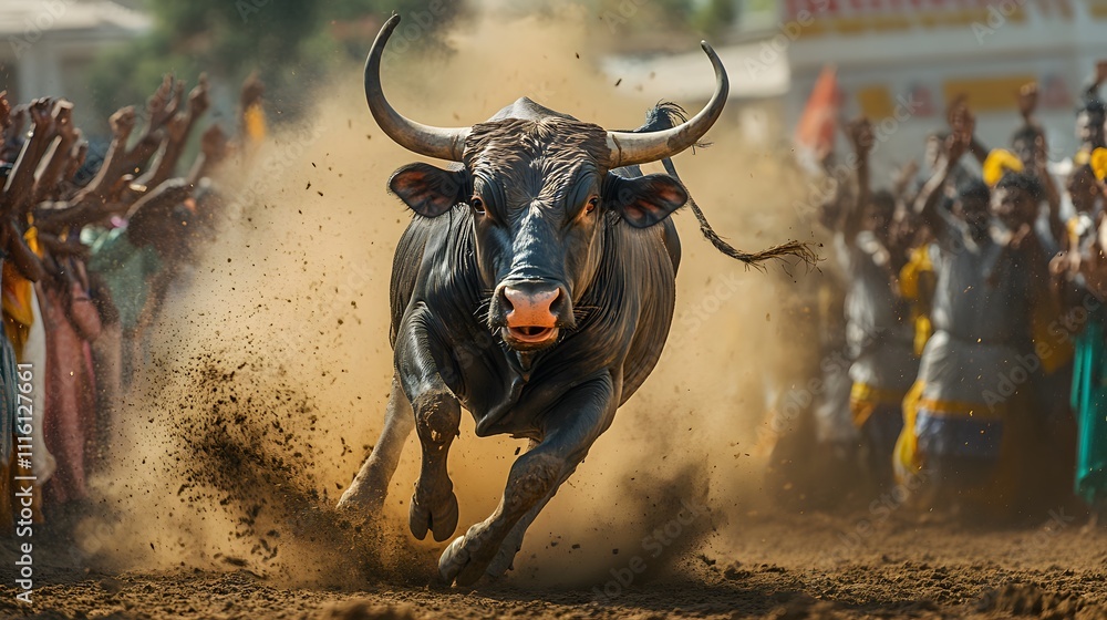 Poster a dynamic capture of a bull racing event during pongal, with dust clouds rising and onlookers cheeri