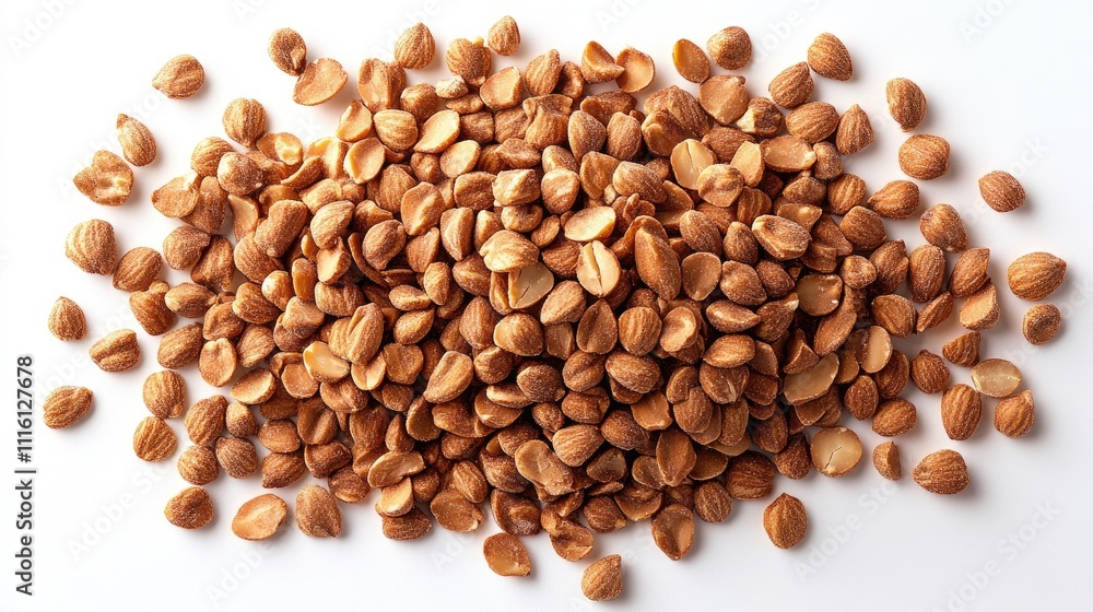 Poster ground nuts scattered on a white background with selective focus and ample negative space for overla