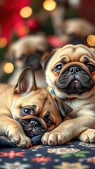 Obraz premium Two adorable pug puppies resting together in a cozy holiday setting with colorful lights in the background