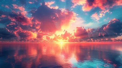 Vibrant sunset over calm ocean reflecting colorful sky.