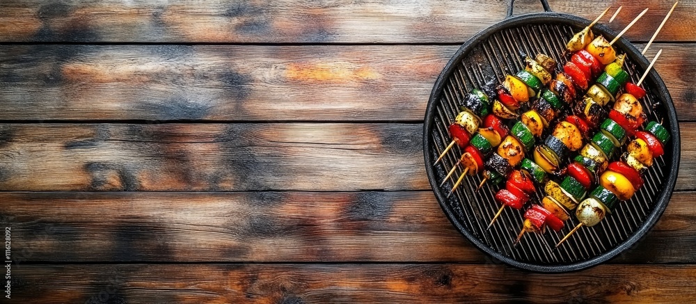 Poster grilled salmon and vegetable skewers on a charcoal grill with wooden background and ample space for 