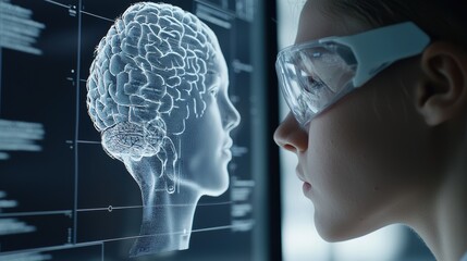 Obraz premium A scientist observes a digital brain display, highlighting the intersection of technology and neuroscience in research and innovation.