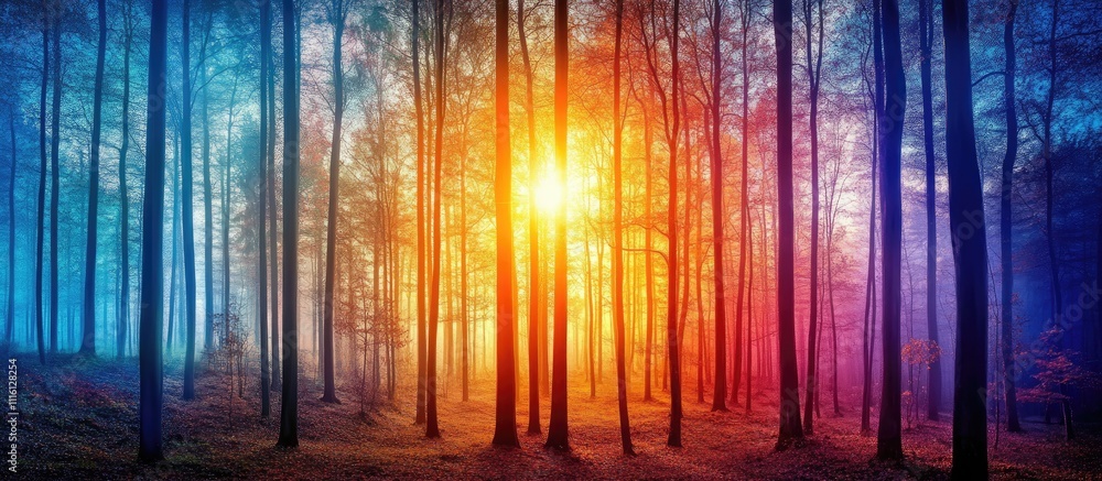Poster autumn light filtering through trees in a mystical forest with vibrant colors and serene atmosphere