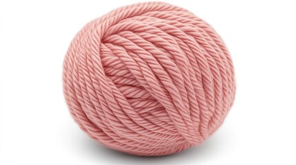 Pink yarn ball with smooth texture and intricate twist pattern, positioned against a clean white background, crafts, textiles, soft colors, minimalistic.