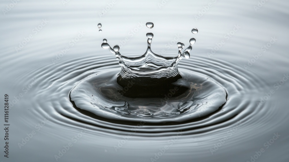 Poster water splash with crown effect creating ripples on a calm surface emphasizing tranquility and nature