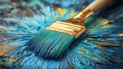 Fototapeta premium Paint brush resting on vibrant blue color guide with textured paint surface showcasing artistic creativity and inspiration in art and design.