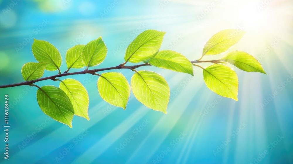 Poster sunlight filtering through green elm leaves in a serene forest creating a tranquil nature scene with